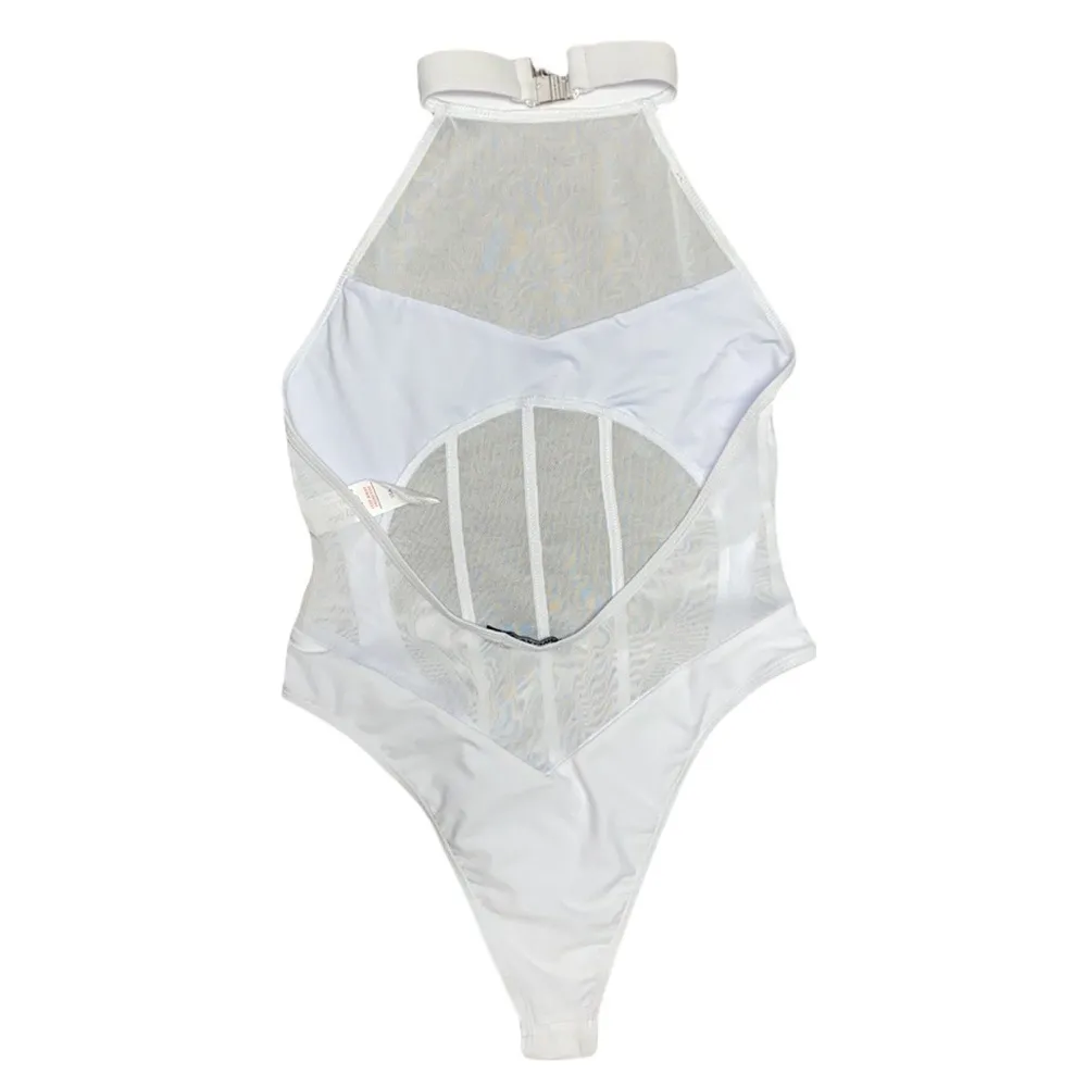 Nasty Gal Swimsuit White High Neck Mesh Panel High Leg One Piece Sexy 8 New - Image 4