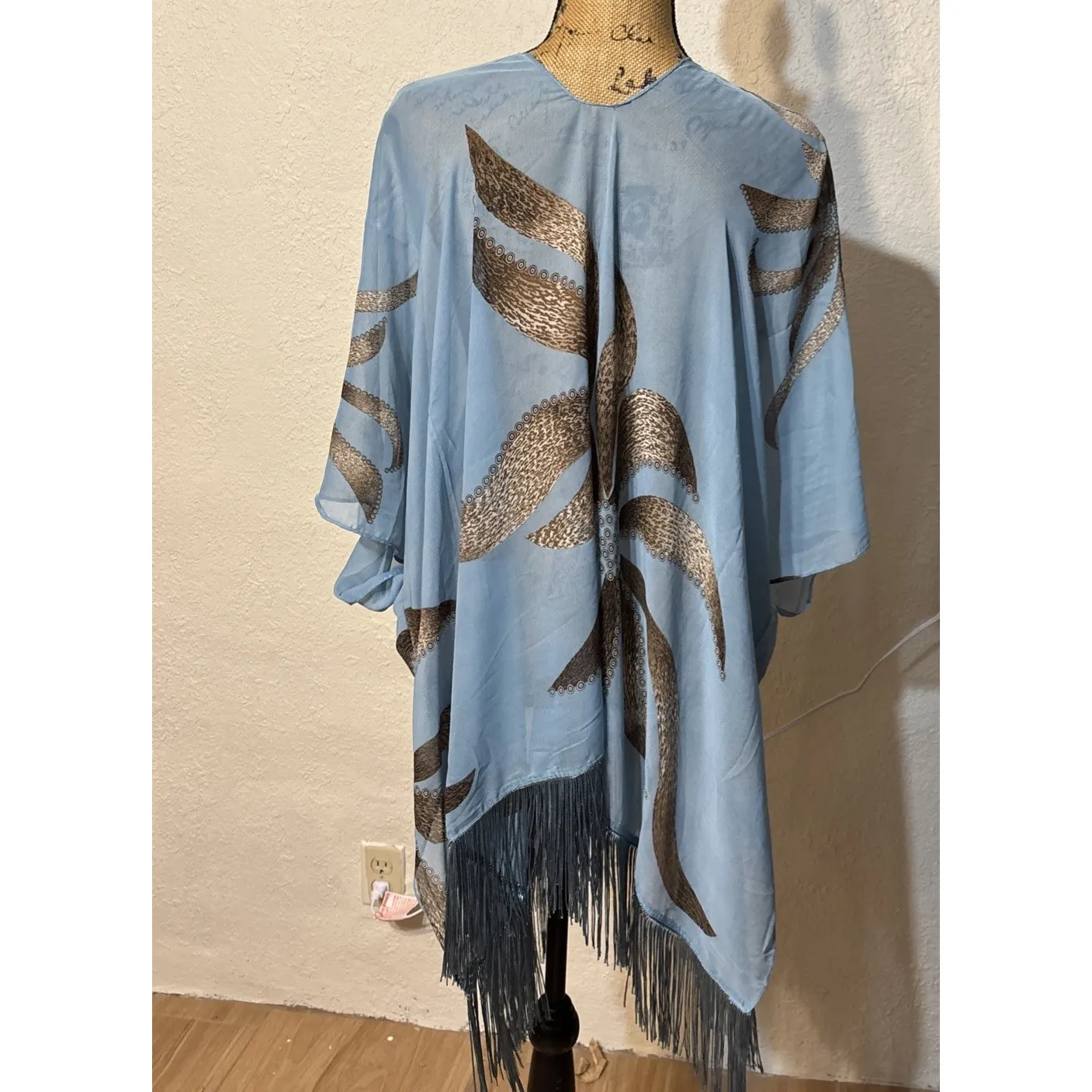 Sheer Pullover Beach Cover Up Floral Flower Fringe Nautical Ocean‎ Pool Blue Size undefined - Image 3