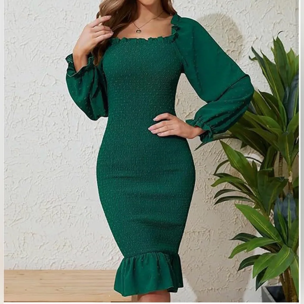 NEW Green Square Neck Midi Ruffle Smocked Bodycon Mermaid Cocktail Dress XL - Image 2