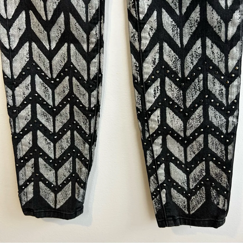 Current/Elliott The Ankle Black/White Chevron Skinny Denim Jeans Rhinestones 25 - Image 10