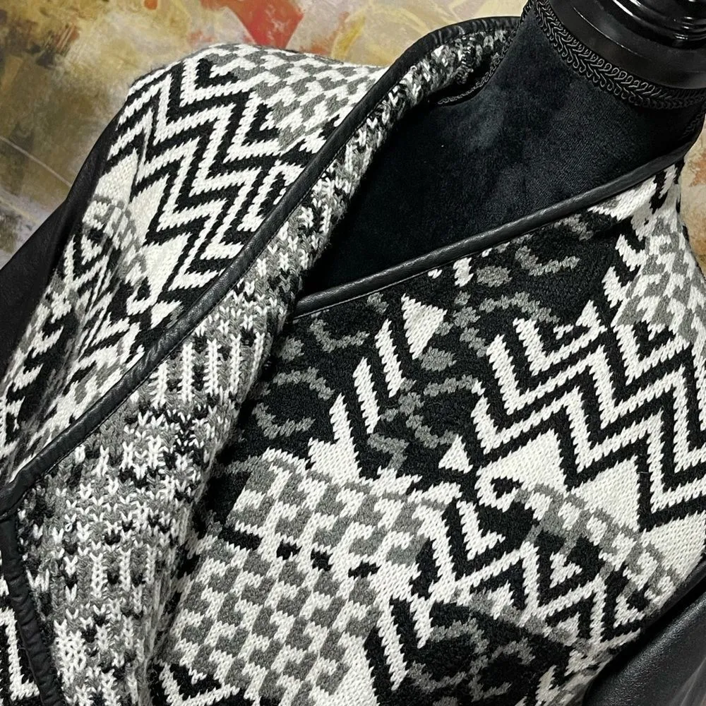 Textured Woven Cardigan Front Sweater W/Leather Sleeve and Trim Small Black - Image 7