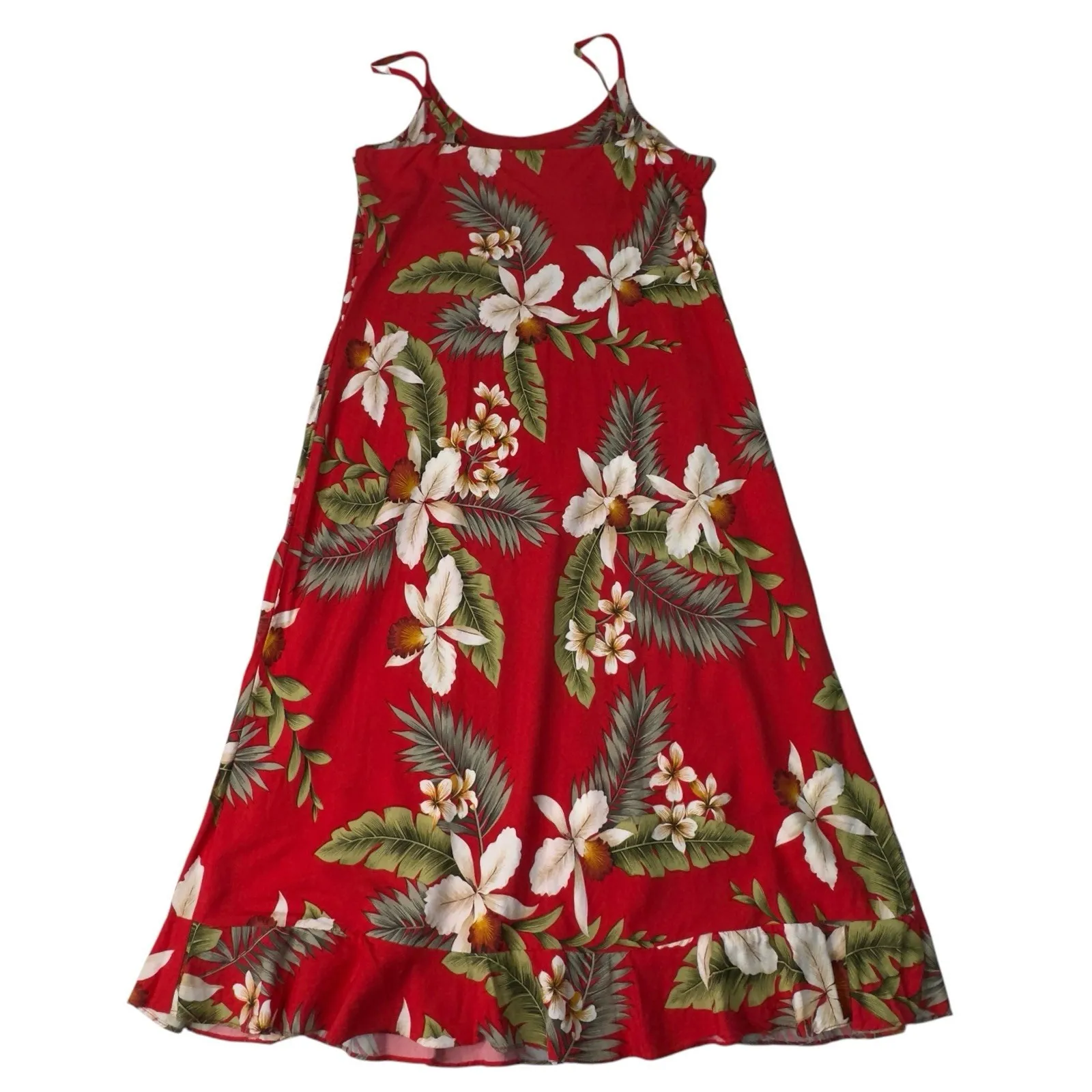 TWO PALMS Hawaiian Tropical Floral Print Maxi Dress Red Spaghetti Strap Rayon M Size M - Image 2