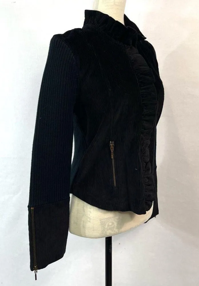 Twiggy Black Corduroy Motorcycle Ruffle Neck Front Jacket Size L Size L - Image 3