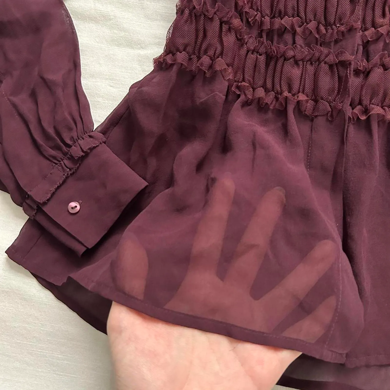 Moda international sheer silk Burgundy Y2K ruffle waist blouse long sleeves Red Size XS - Image 5