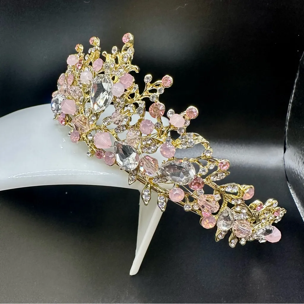 Elegant Gold and Pink Tiara and Earring Set - Image 5
