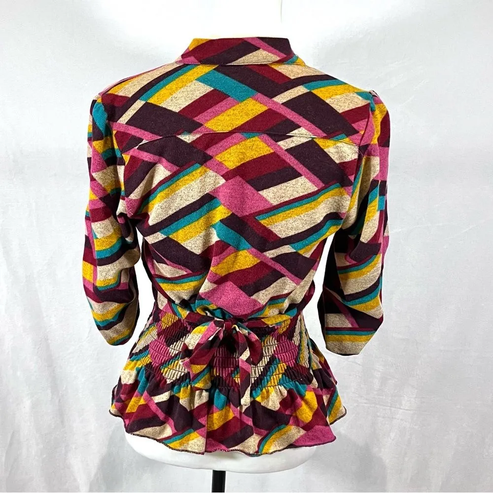 Vintage deep vneck colorful abstract print smocked peplum sweater top medium - Image 5