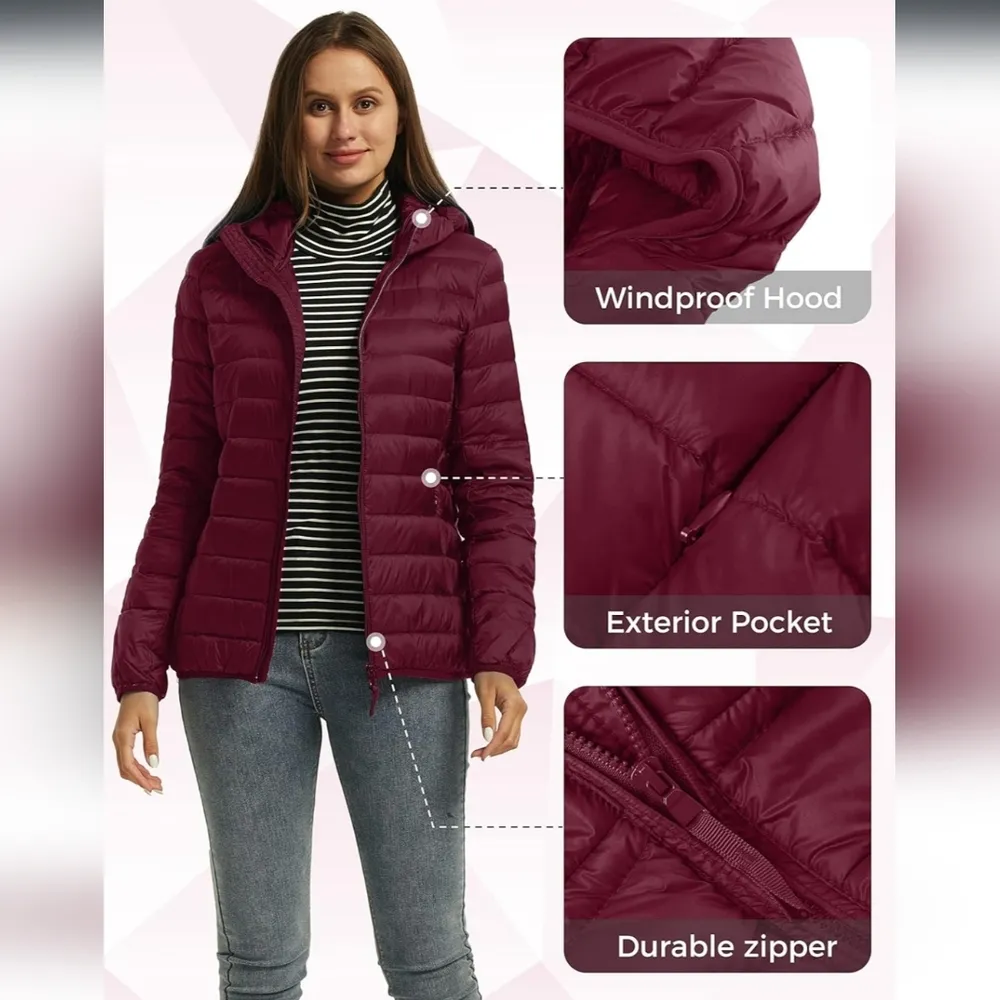 Wantdo Women's Hooded Packable Ultra Light Weight Short Down Jacket Wine Red XS - Image 6