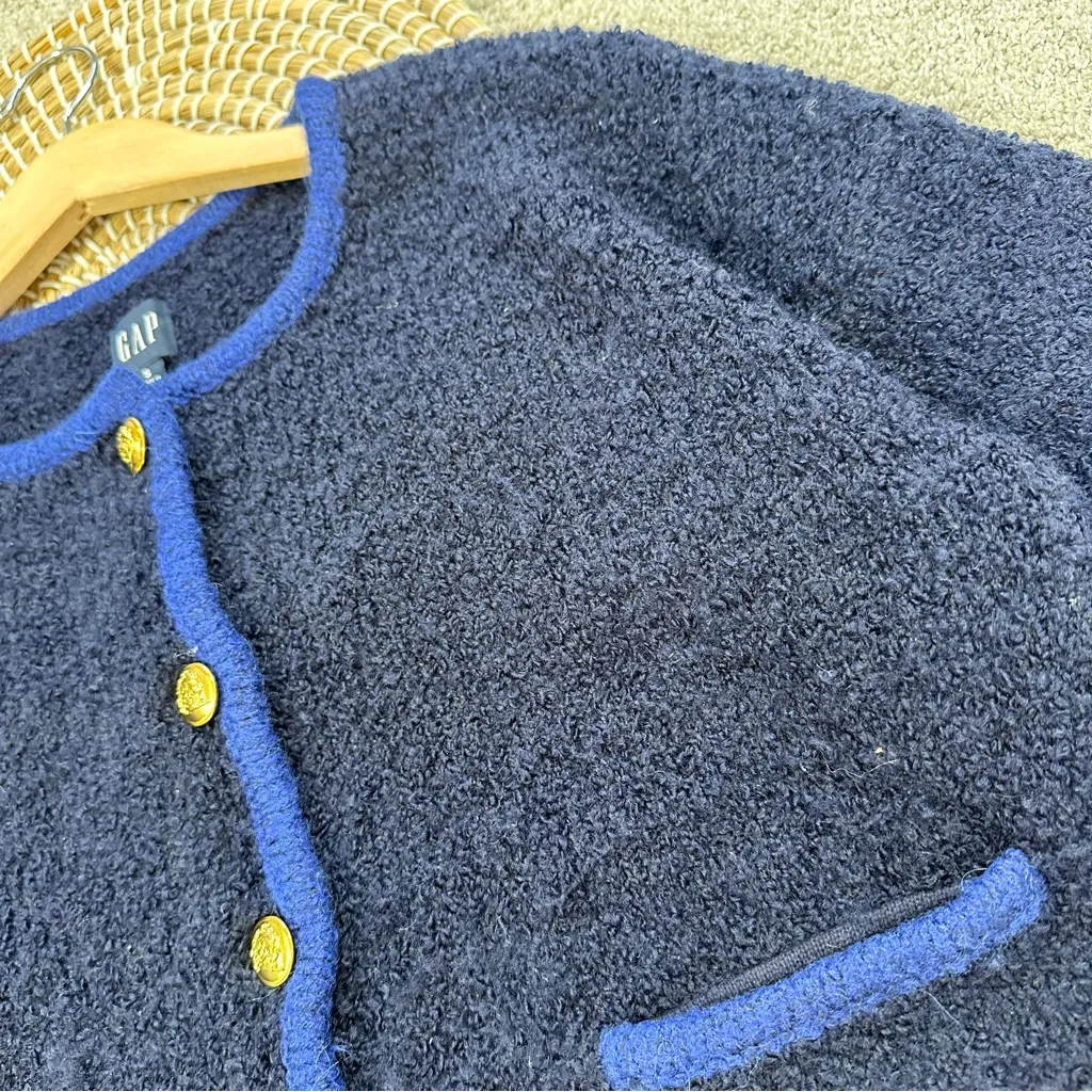 GAP Women’s Boucle Cropped Sweater Jacket Wool Alpaca Blend in Navy Combo S - Image 9