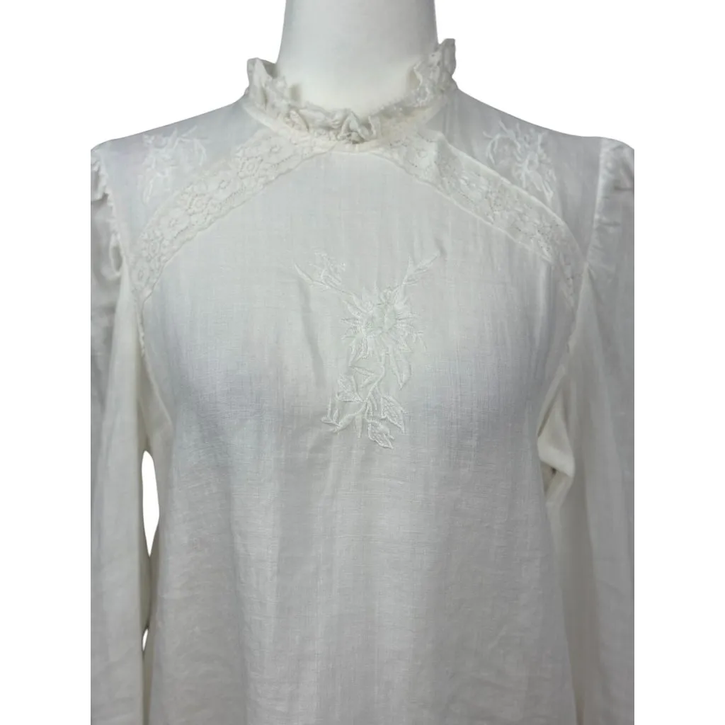 Zara S White Lace Embellished Victorian Blouse Lace Ruffle High Neck Long Sleeve - Image 3
