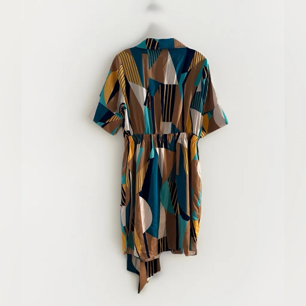 Gracia Women’s Tie Waist Short Sleeve Abstract Midi Shirt Dress Brown  Size M - Image 4