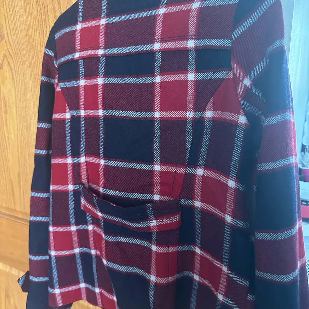 Wool Blend American Eagle Outfitters Red and Navy Plaid Pea Coat - Image 3