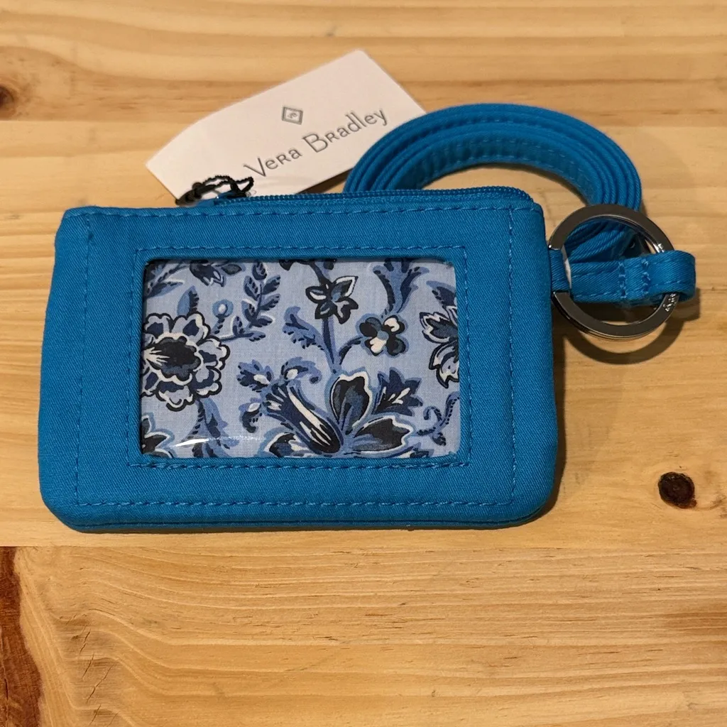 Vera Bradley Zip ID Lanyard Teal Blue Aster Floral ID Case New - Image 2