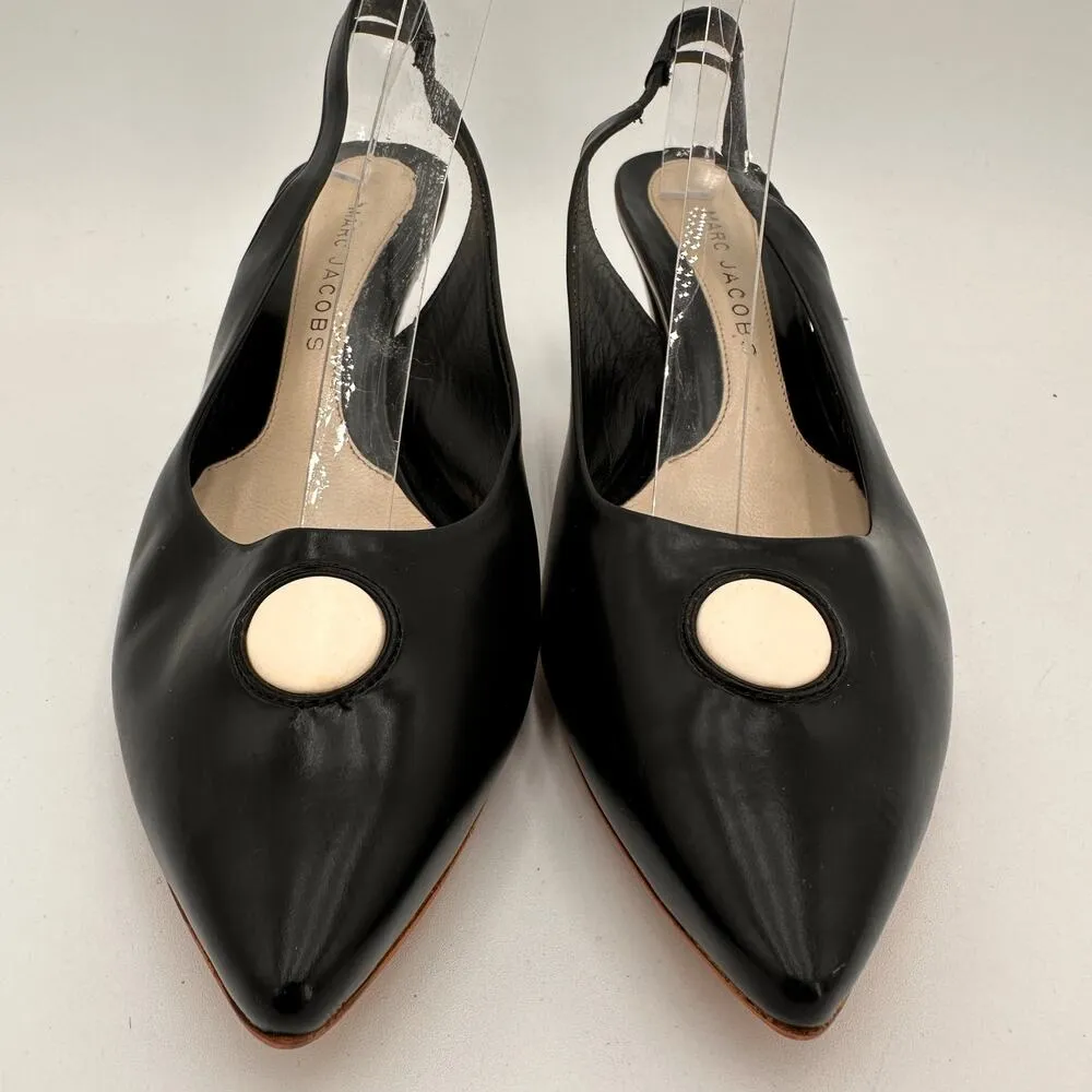 Marc Jacobs Black White Circle Leather Slingback Black Pointed Pumps Size 39.5 - Image 7