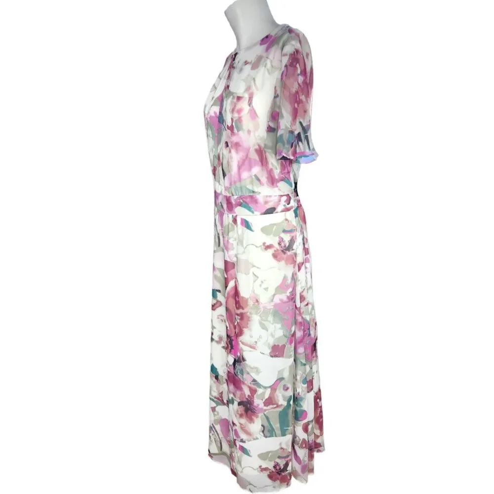 Jemma Purple, Lilac, Green, White Water Floral Print Dress 16 Cottagecore - Image 4