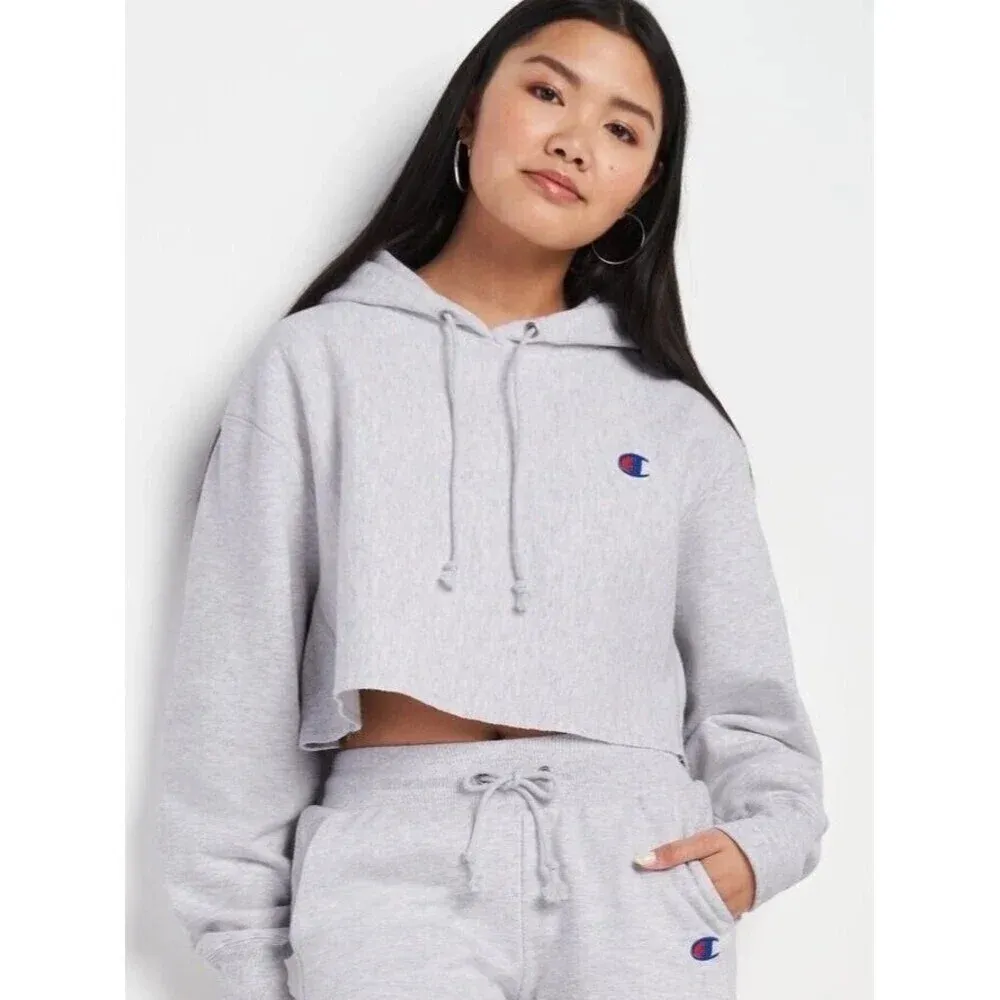 Champion  Reverse Weave Cropped Cut Off Hooded Sweatshirt Light Gray Size Medium - Image 6