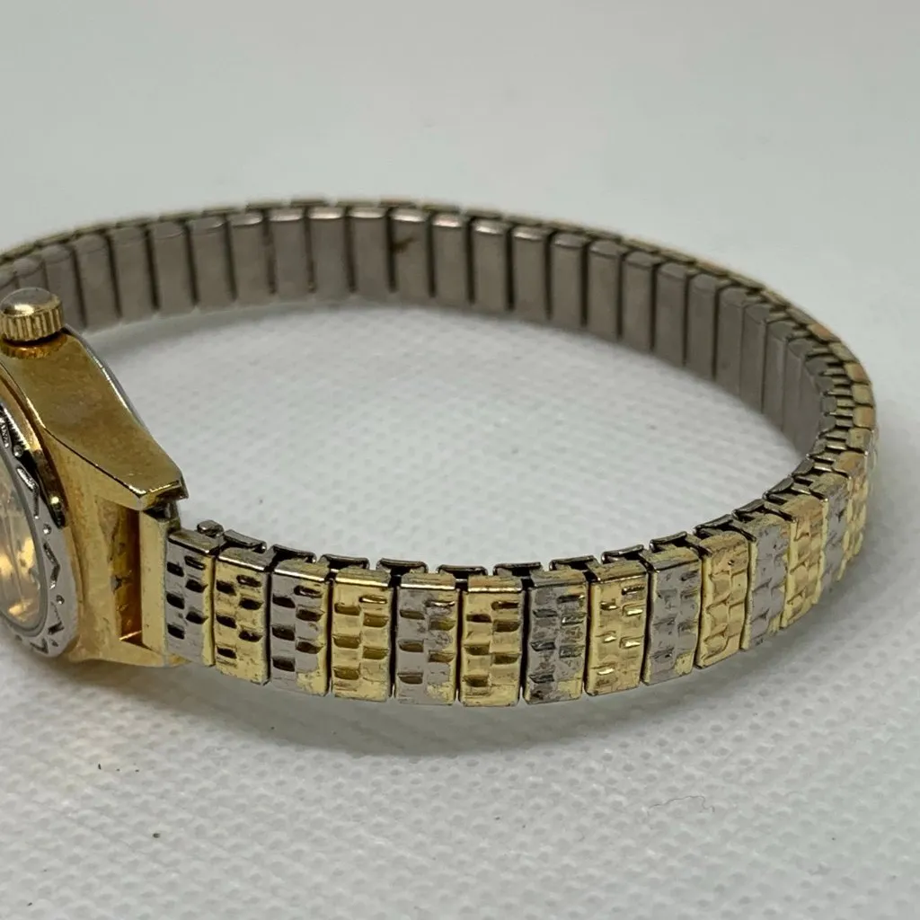 Women gold silver tone watch 20mm round case quartz analog stretch 6.5” running - Image 3