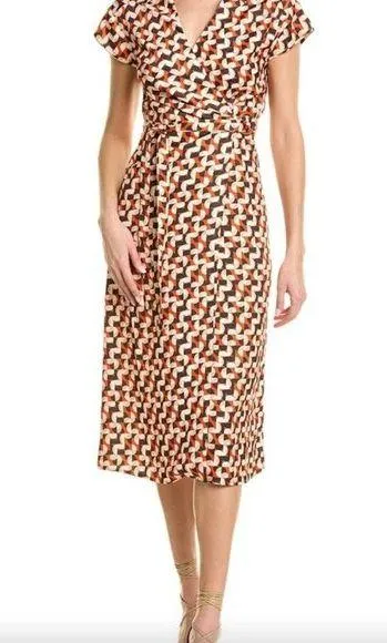 Alexia Admor Paris Surplice Wrap Midi Dress Brown Geo Womens Size Medium - Image 1