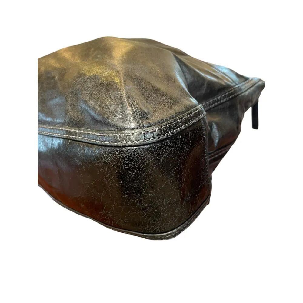 Coach Camelia Black Distressed Leather Shoulder Bag, Silver Hardware Teal Lining - Image 7