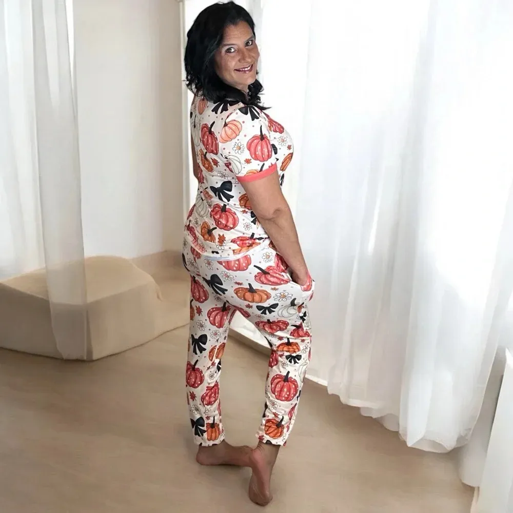 Shirley & Stone Pumpkin Pajama Set‎ Loungewear V Neck Top and Pants Fall Women White Size 2X - Image 2