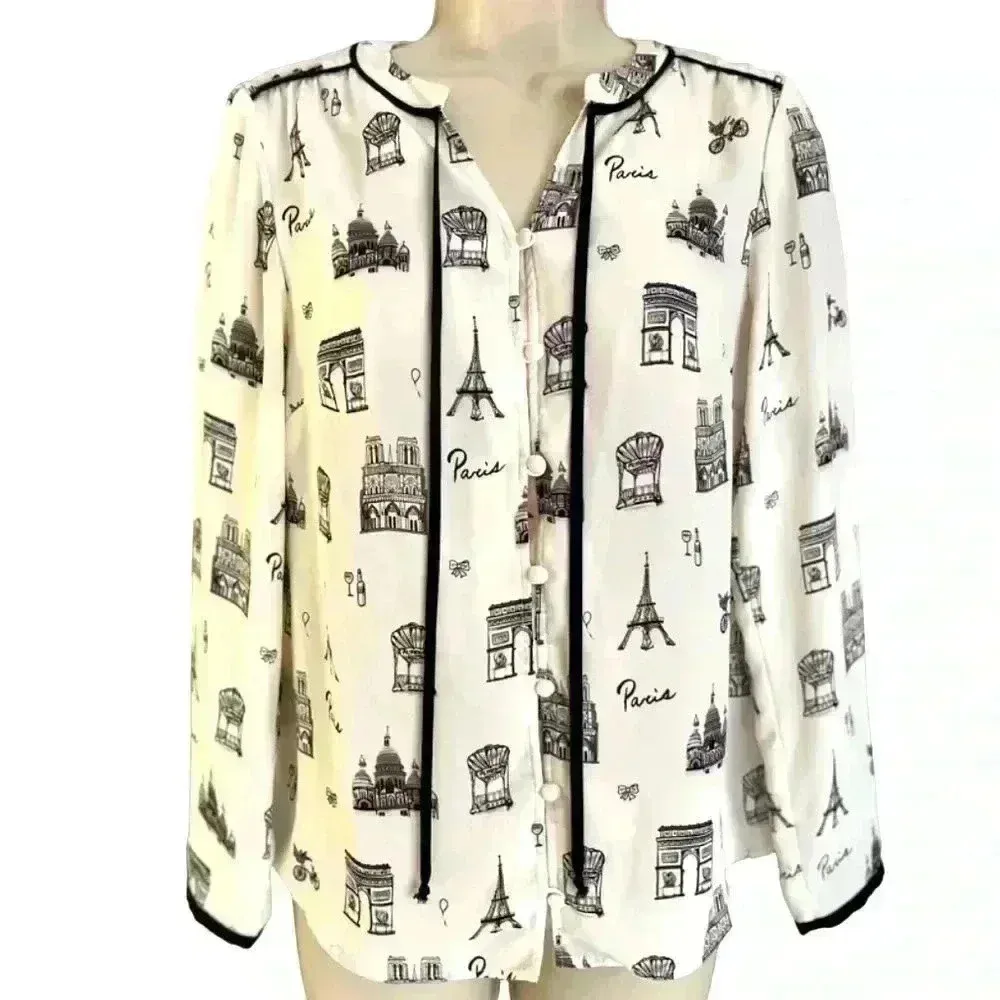 Talbots Paris Print Tie Front Blouse Ivory and Black Small Petite - Image 4