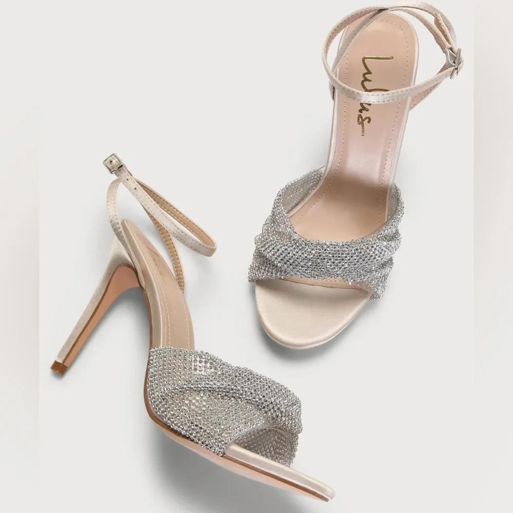 Lulus Milliee Ivory Satin Rhinestone Ankle Strap High Heel Sandals - Image 2