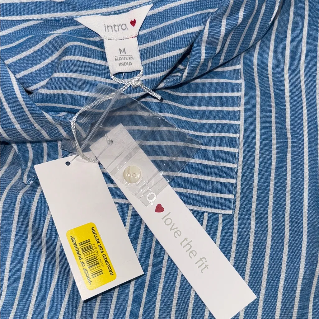 Intro women's size medium blue white striped 3/4 sleeve button down roll tab slv - Image 8