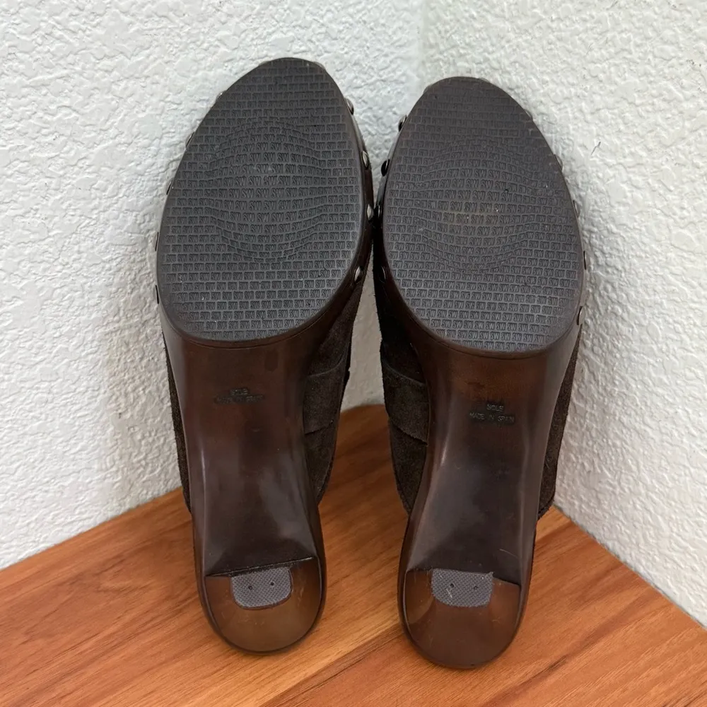 Brown Suede Leather Buckle Heeled Mules Clogs Size 9M - Image 6