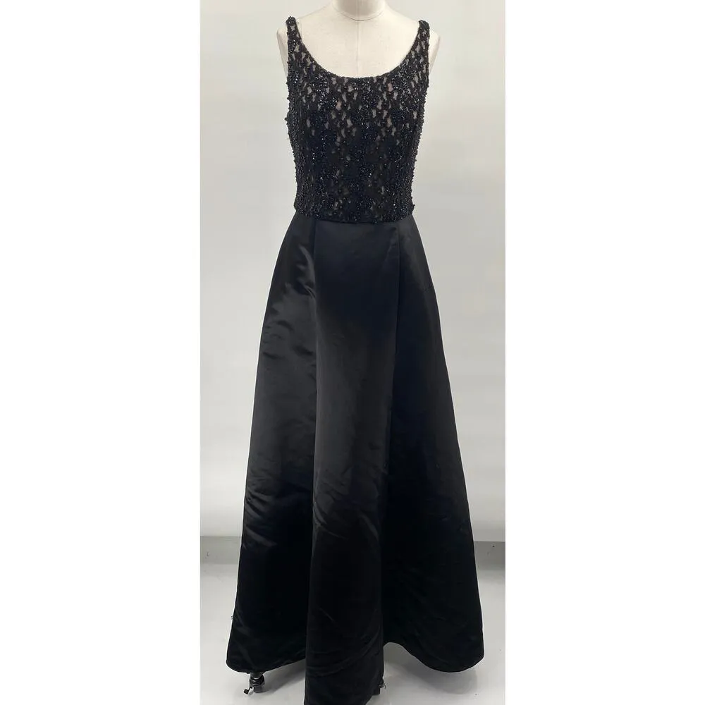 Vintage 90s Ball Gown Beaded Lace Bodice Satin A Line Fit & Flare Black Womens 4 - Image 4