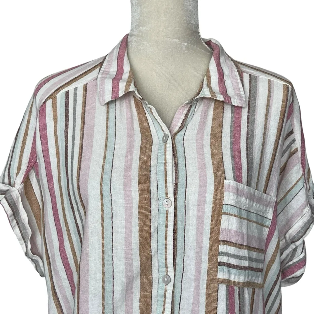 Maurices Striped Linen Utility Dolman Sleeve Button Down Shirt Size XL Summer White - Image 3