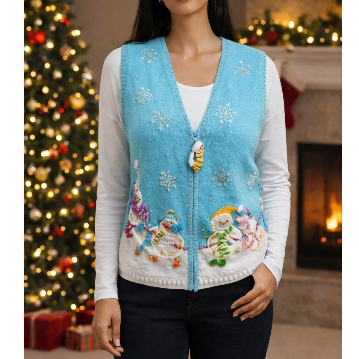 Vintage Berek Ugly Christmas Sweater Vest Small Snowman Embroidered Jingle Bells Blue - Image 2