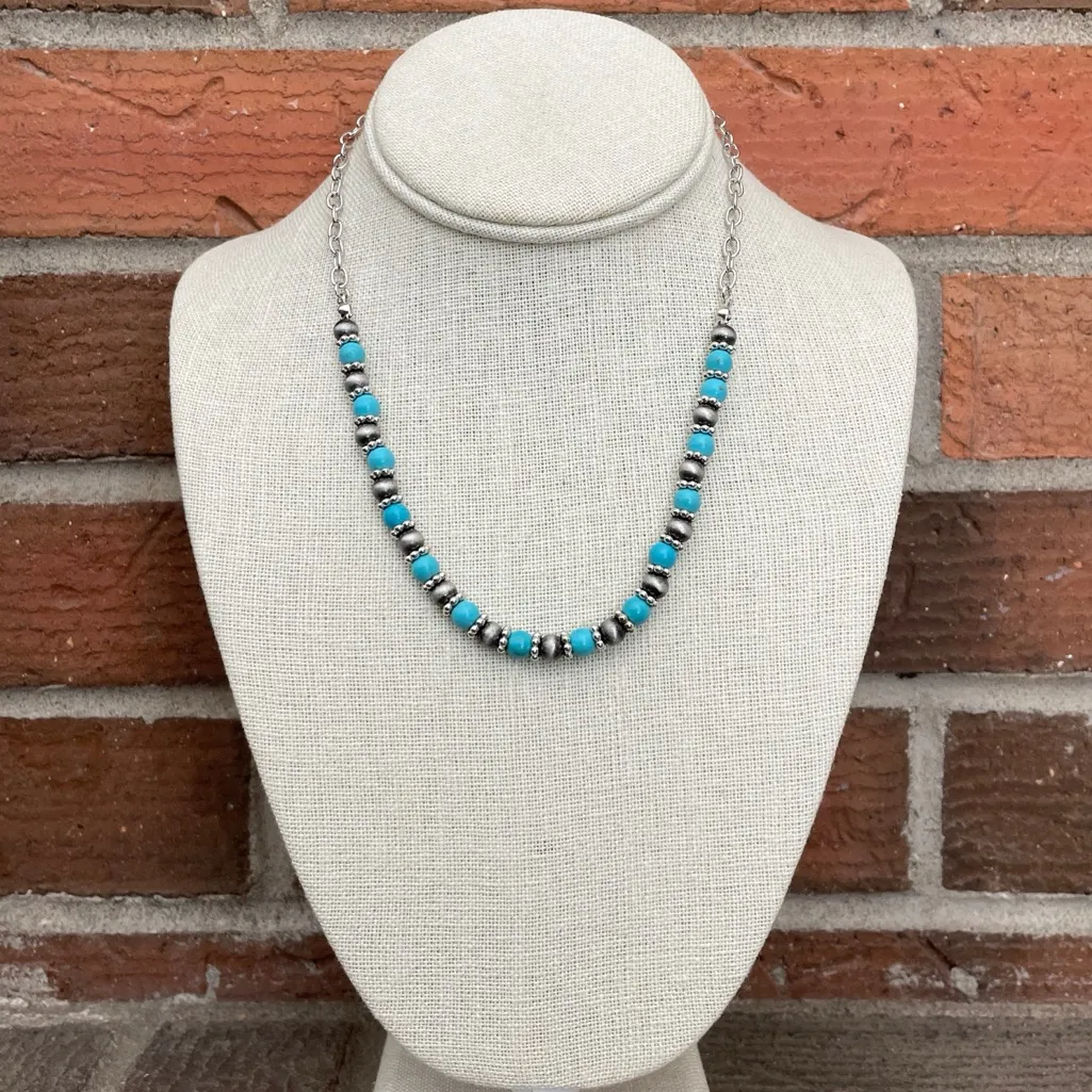 Cutout Concho Necklace Set with Faux Turquoise & Navajo Style Pearls Silver - Image 4