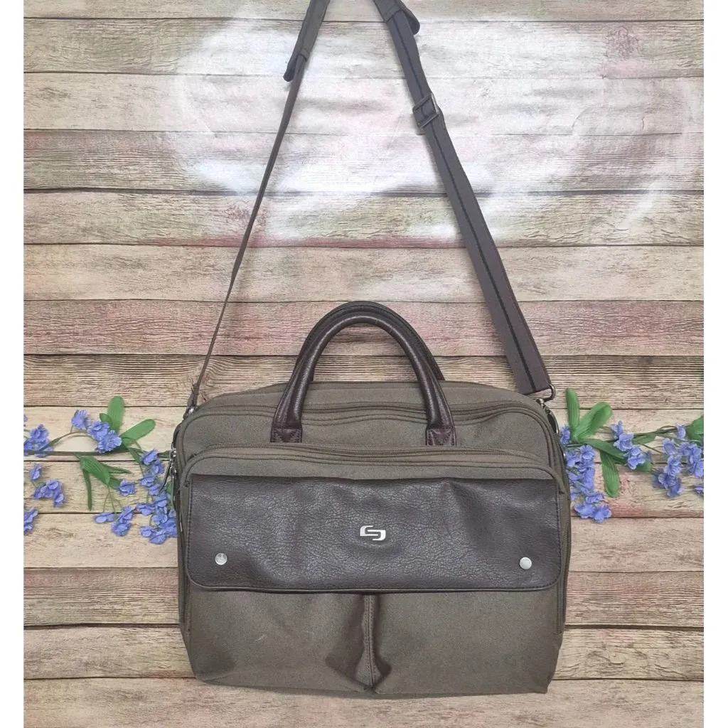 SOLO Green Canvas Brown Briefcase Laptop Case Messenger Bag Multi - Image 2