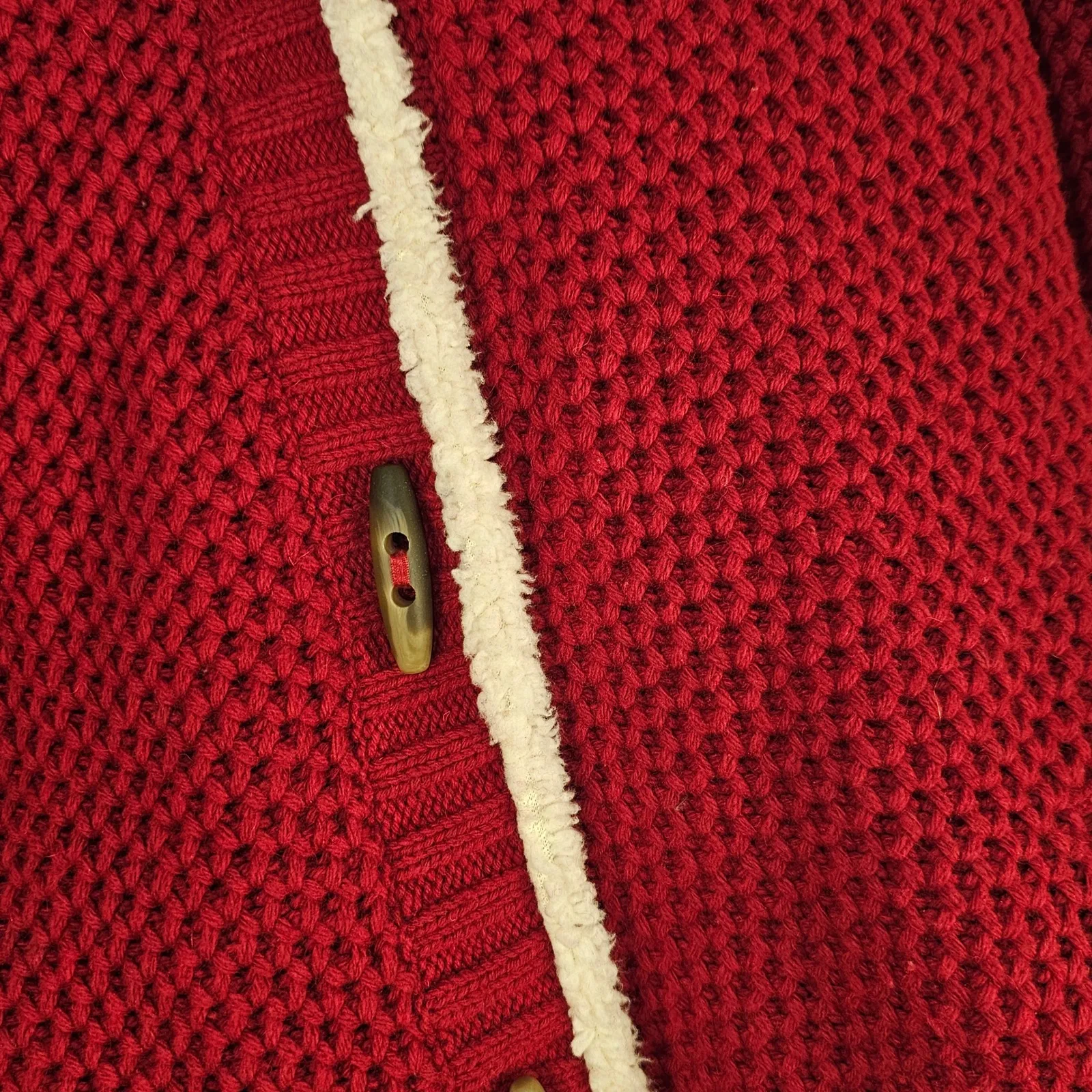 LL Bean Womens Red White Shearling Wool Blend Knit Toggle Coat Medium - Image 3