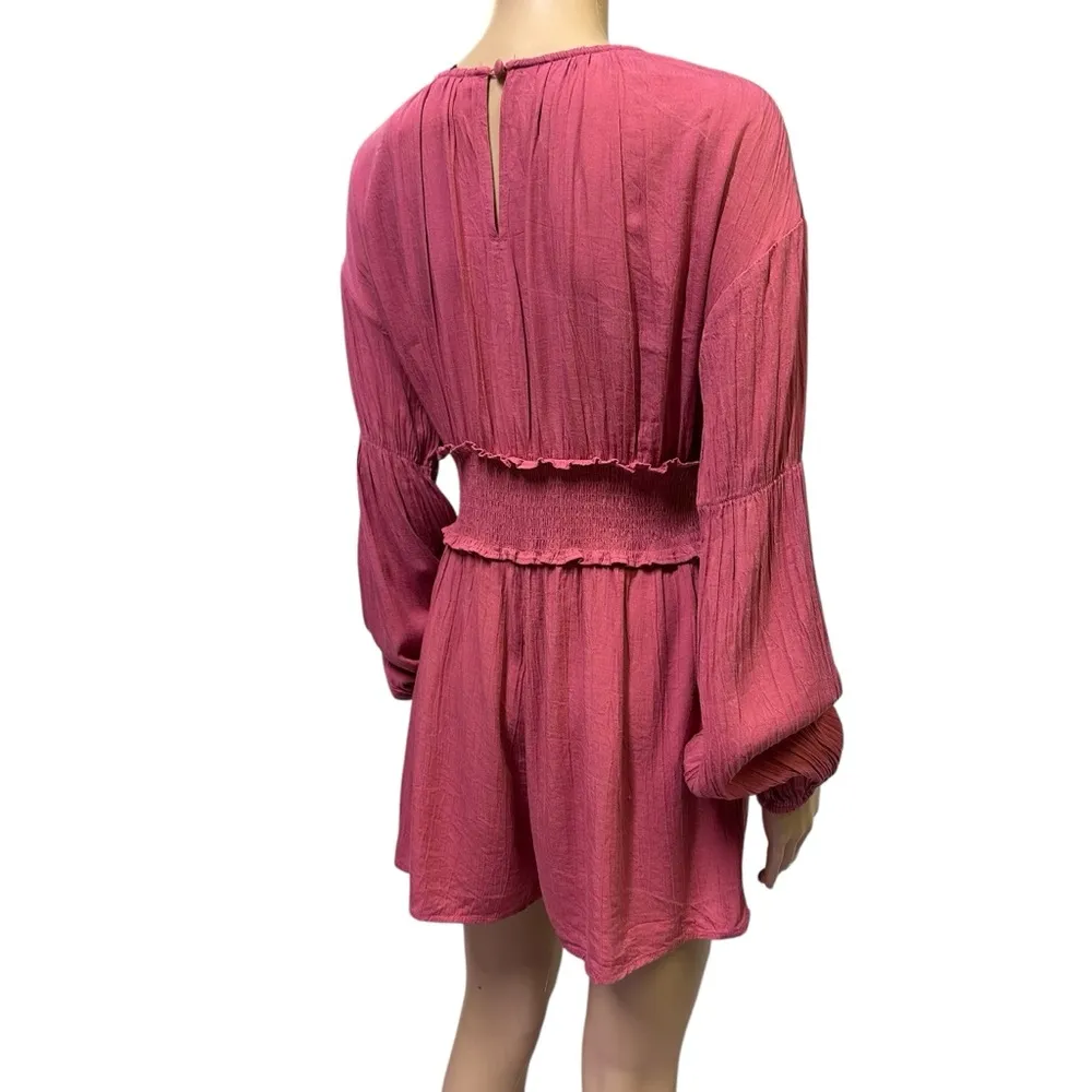 Forever 21 Plunging Ruffled Smocked Peasant Boho Long Sleeve Shorts Romper Small - Image 6