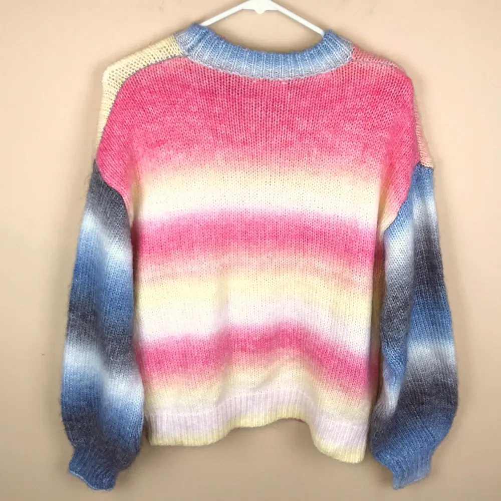 Storia Women’s Multi-Colored Ombré Chunky Knit Balloon Sleeve Crewneck Sweater - Image 5
