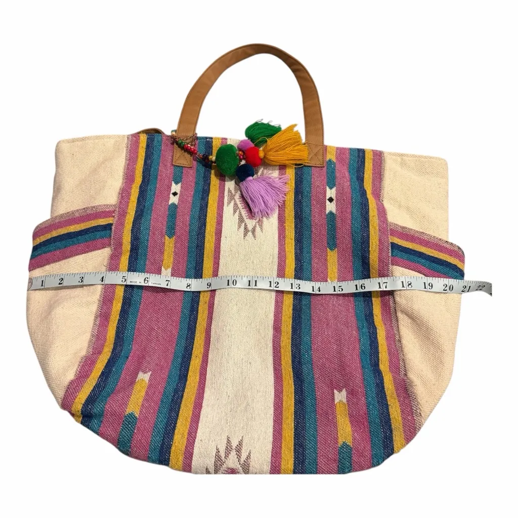 Boho Woven Canvas Tote Colorful Stripe Tassel Artisan Bag India Pink - Image 6