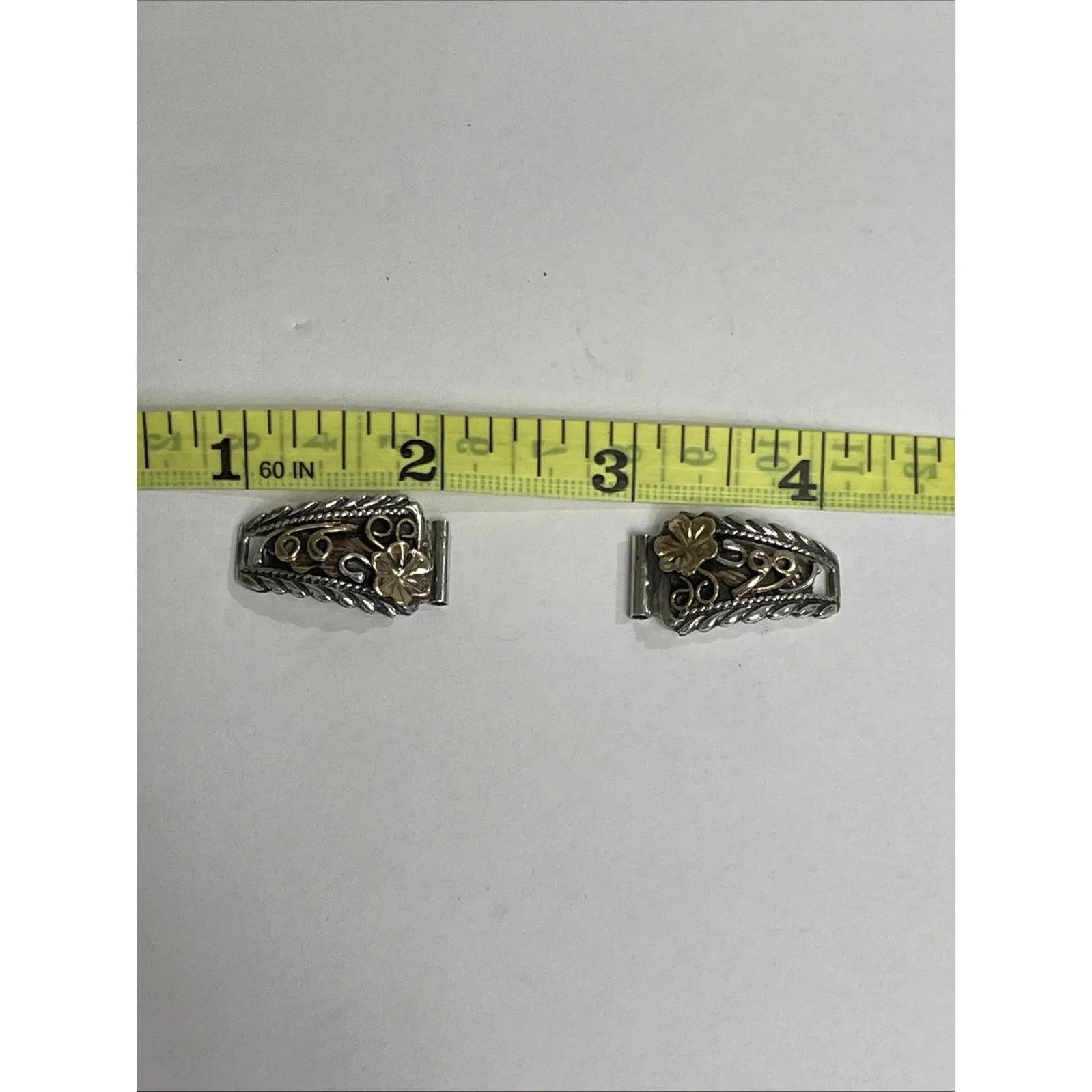 Running Bear Navajo Sterling Silver Turquoise Floral Watch Ends Gold & Silver - Image 6