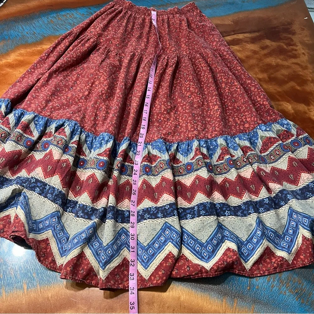 Vintage Roper Western Bohemian Patterned tiered maxi skirt Made USA small red Blue - Image 8