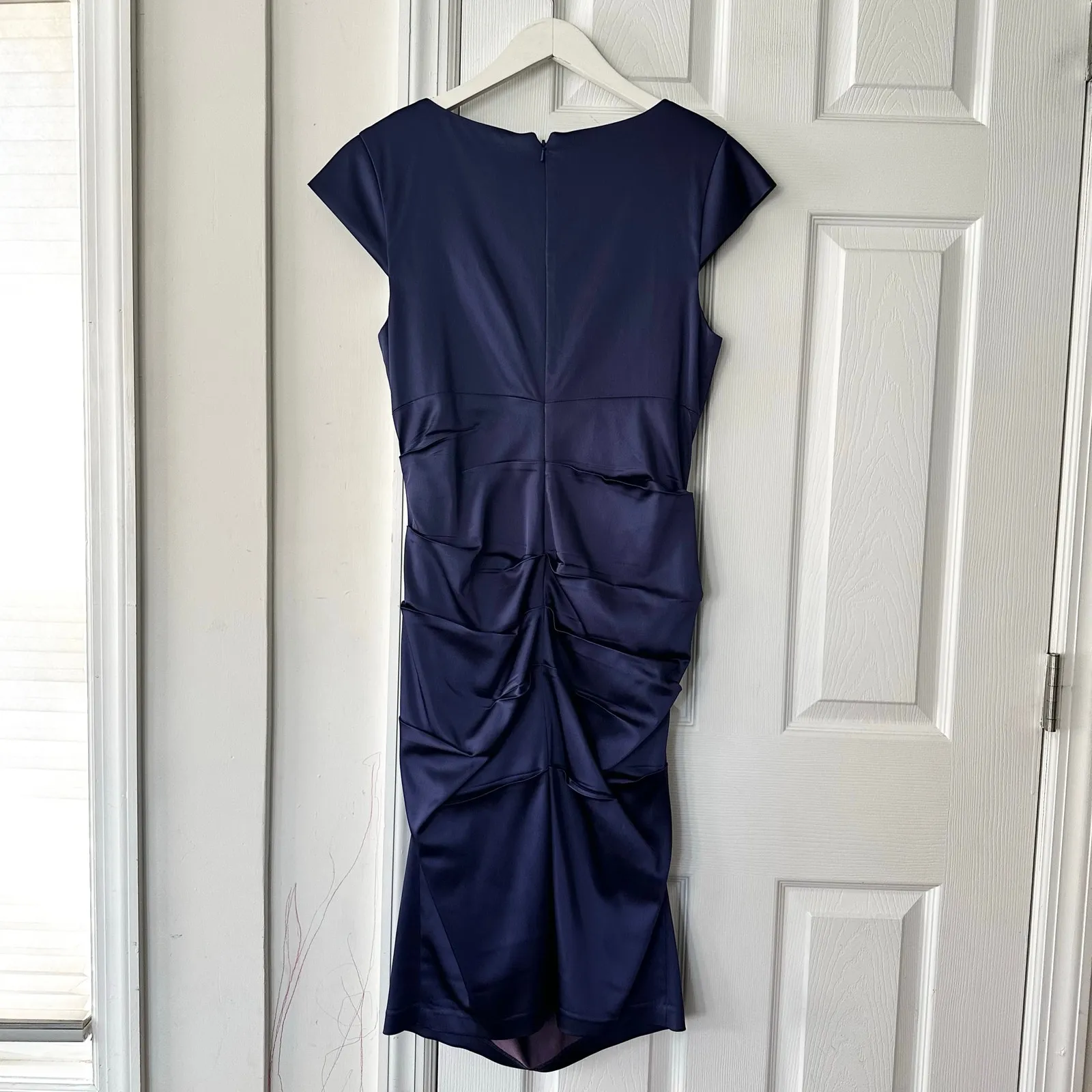 Xscape Navy Blue Bejeweled Embellished Neckline Ruched Cocktail Evening Dress 14 - Image 10