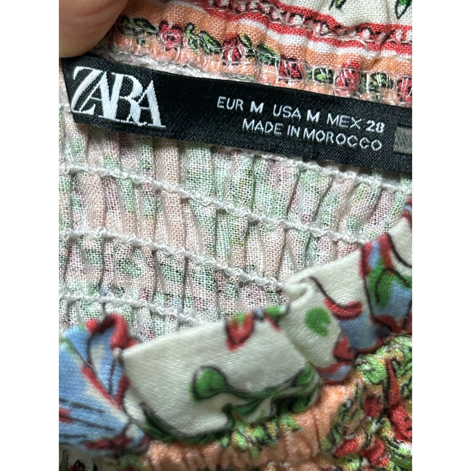 Zara Smocked Crop Top Floral Print Linen Square Neck 3/4 Sleeve‎ Blouse M - Image 4