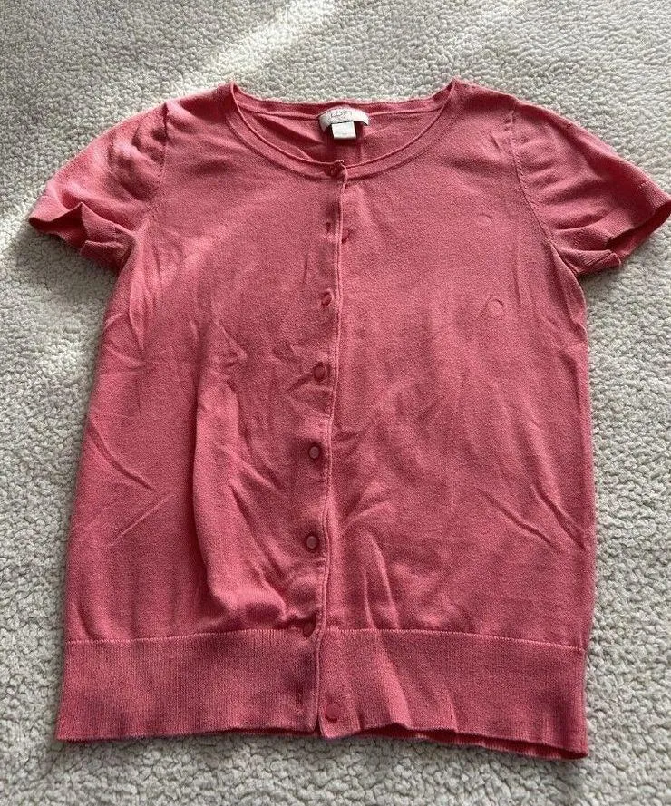 LOFT Ann Taylor  Short Sleeve Round Neck Button Down Knit Top Pink Sz XS - Image 2