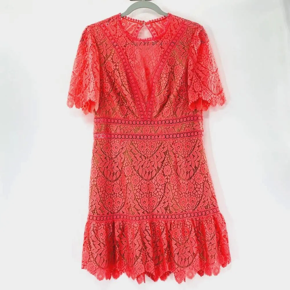 NEW Saylor Darian Open Back Lace Ruffle Minidress Dress Peach Sz Large Coquette - Image 15