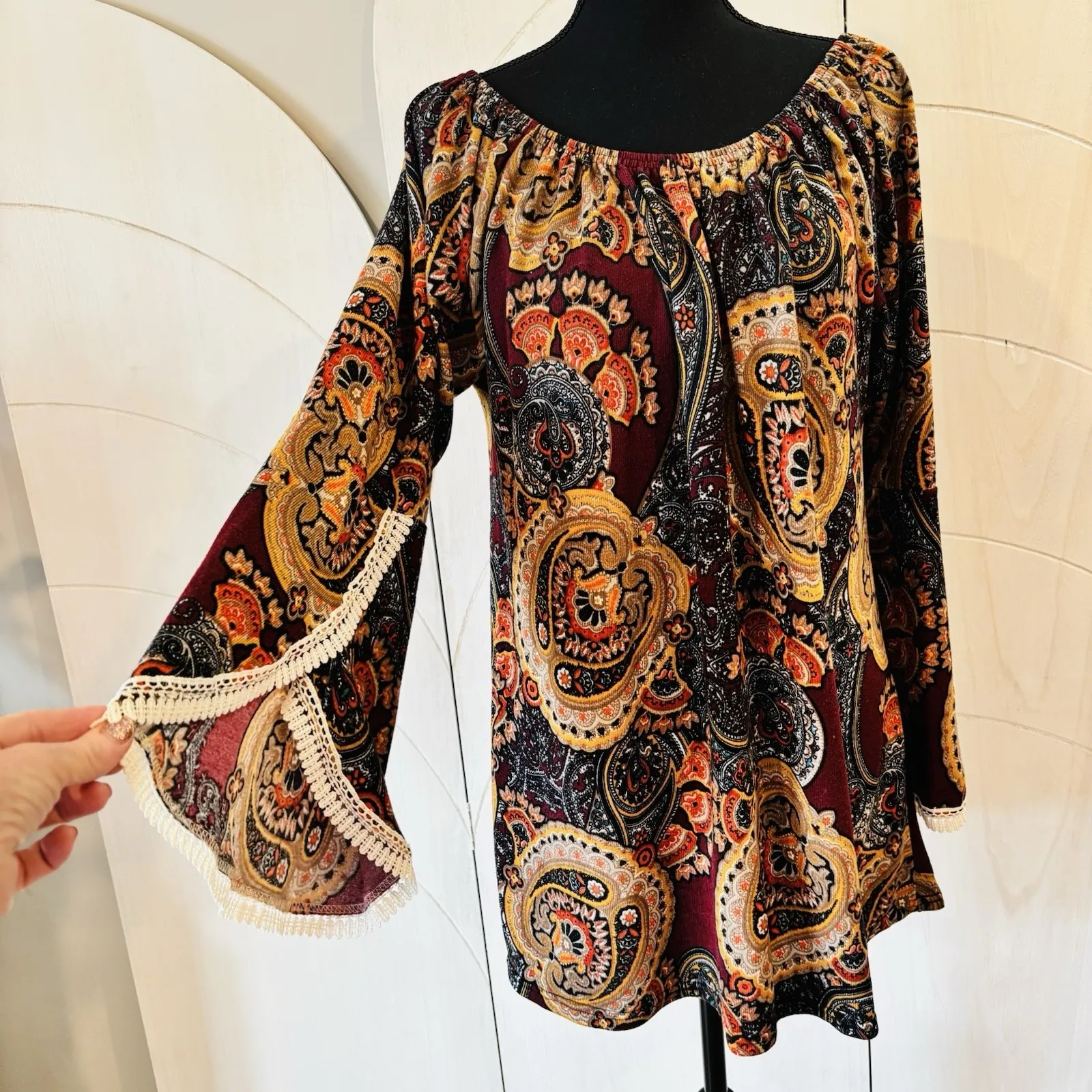 Win Win Womens Tunic Lace Trim Sleeve Blouse Size L - Image 3