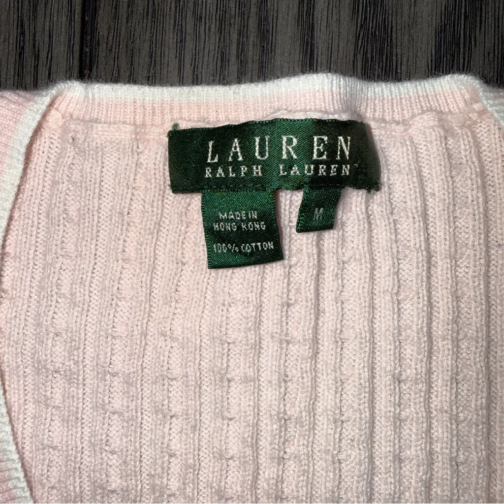 Lauren Ralph Lauren Vintage V Neck Sweater Pink Ribbed Knit Size M Preppy Y2K - Image 4