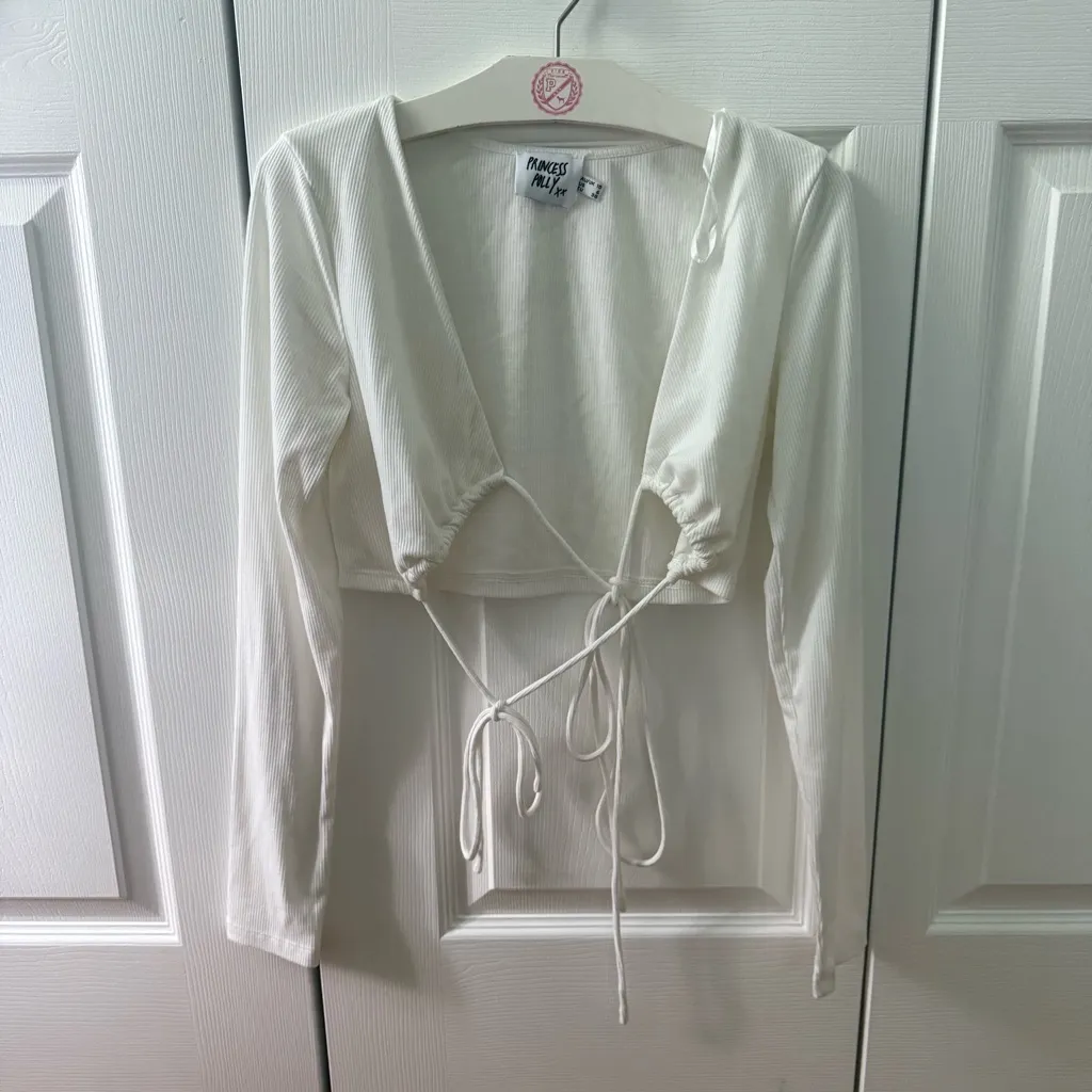 Princess Polly Bennie Tie Front White Long Sleeve Crop Top - Image 3