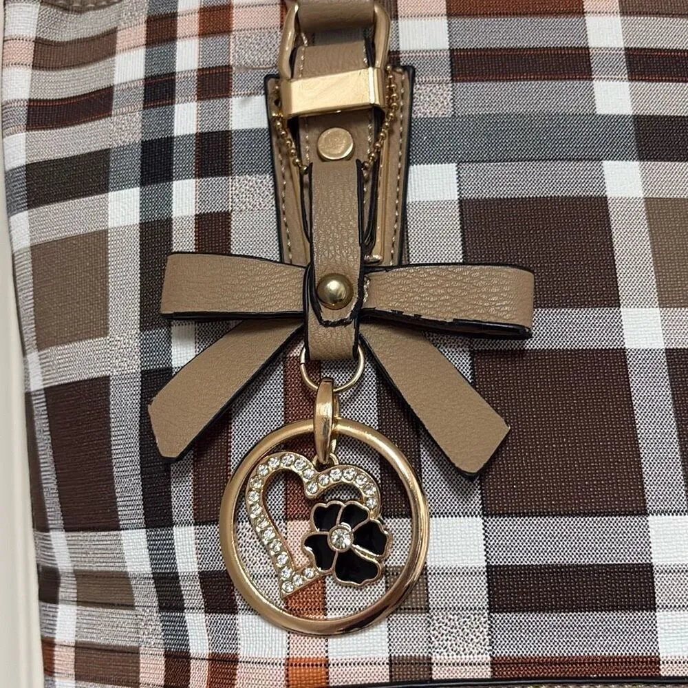 Kate Hill Brown Plaid Crossbody Shoulder Convertible Adjustable Handbag Purse - Image 3