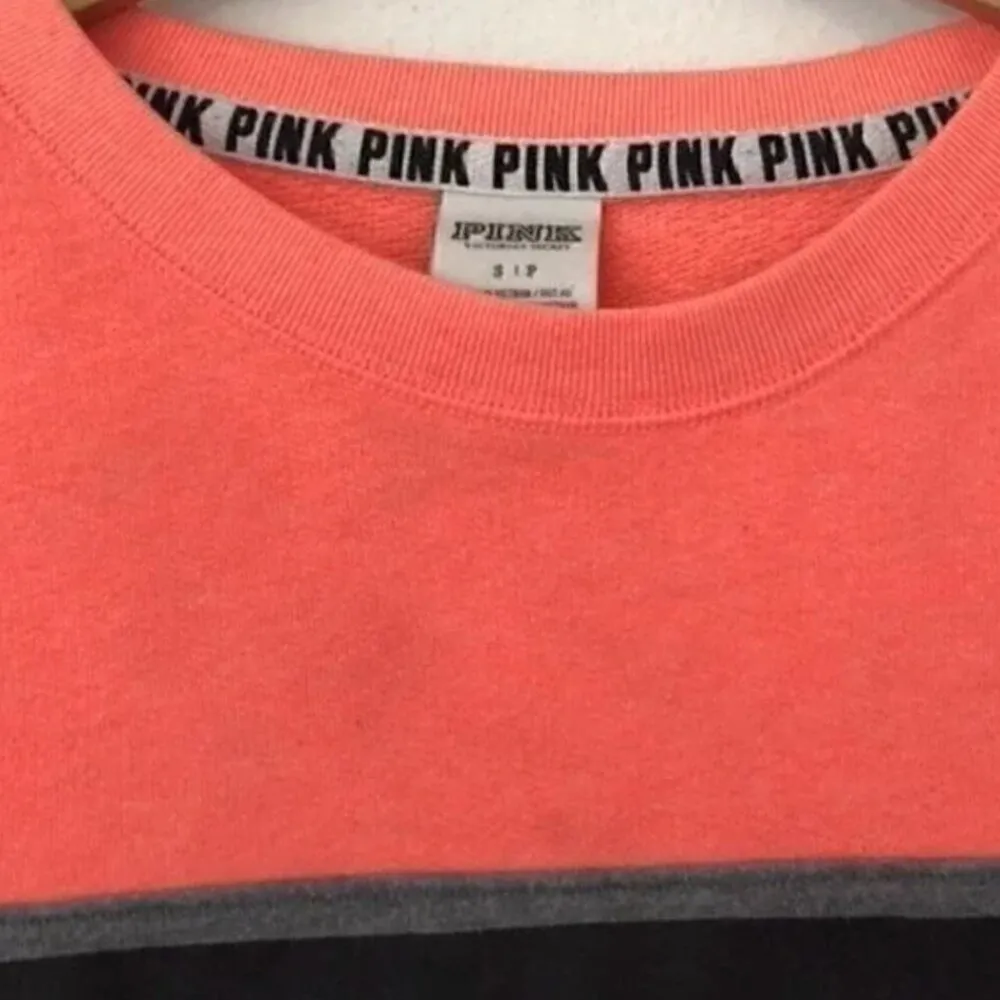 PINK VS VICTORIAS SECRET Neon Coral Orange PINK Stripe Crewneck Sweatshirt Small - Image 10