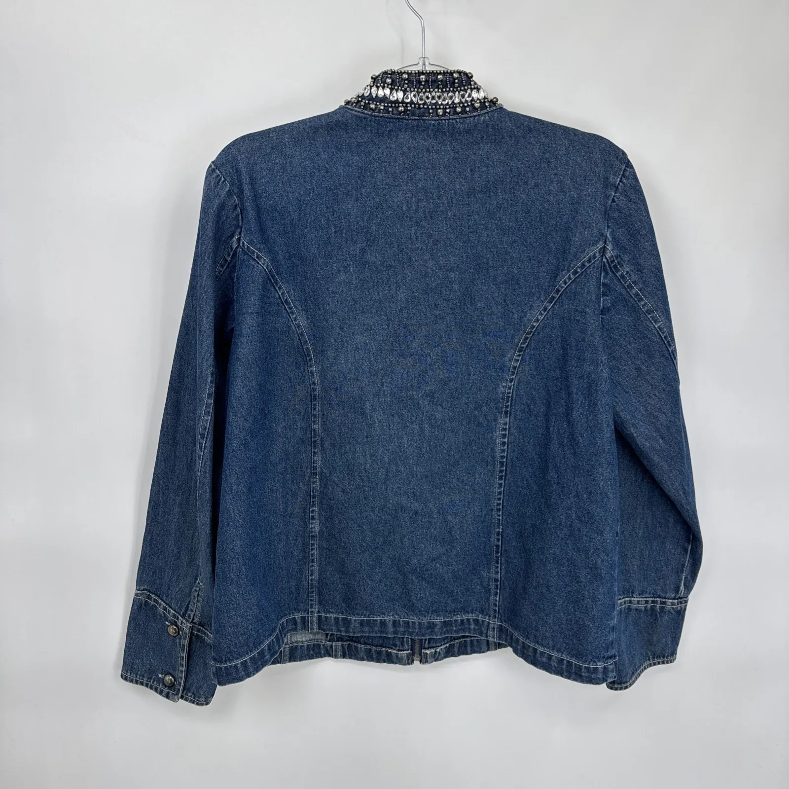 Vintage Hannah Denim Military Jacket Womens Medium Blue Jean Cotton Beaded - Image 9