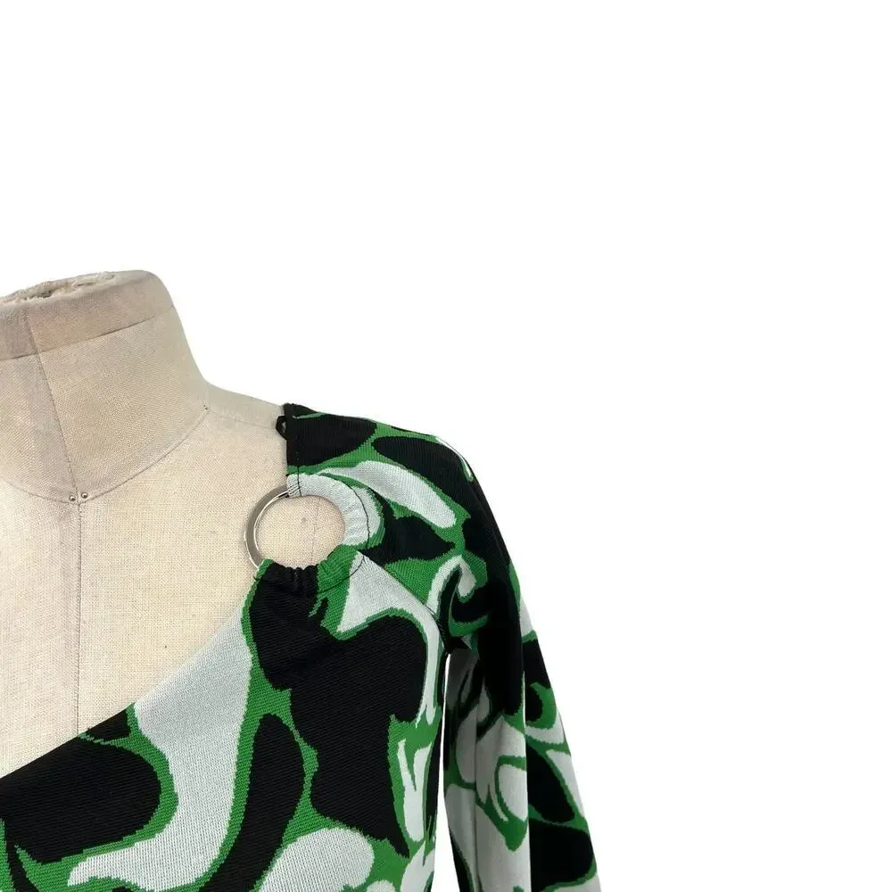 Zara Jacquard Asymmetric‎ One Shoulder Crop Top Ring Detail Black Green Small - Image 5