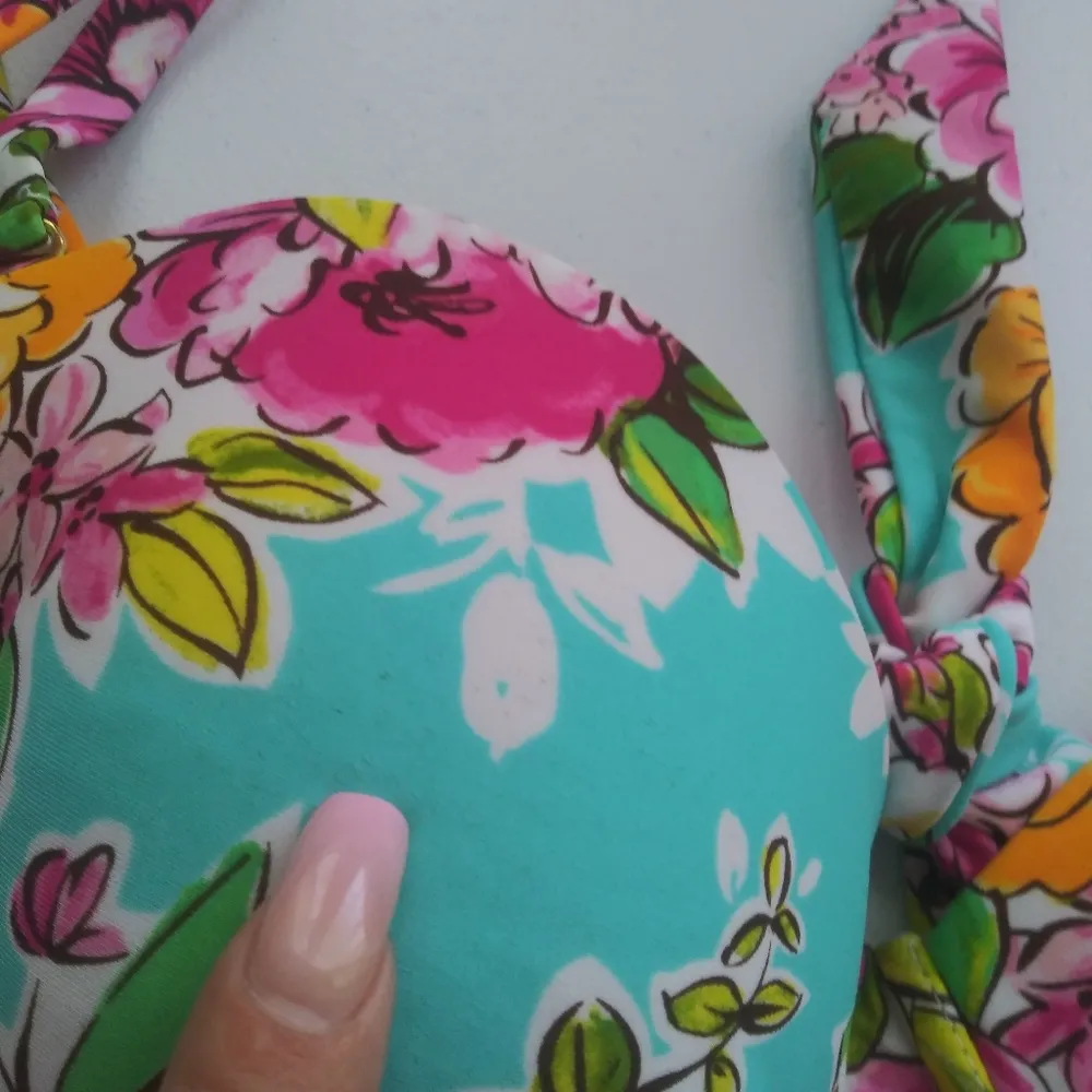 Leilani Floral Bikini Set Turquoise and Pink Push Up Top Vacation Tropical Sz 12 Blue - Image 11